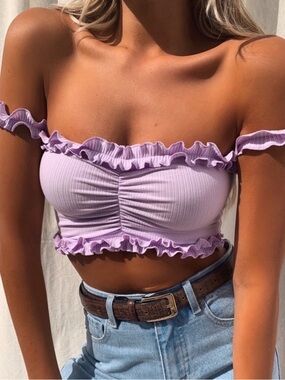 NWT TIGER MIST Purple Ruffle Frill Off the Shoulder Crop Bandeau Top Medium